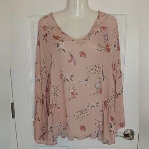 Cotton Bleu Women's S Blouse Pink Boho With Birds And Flowers 100% Rayon